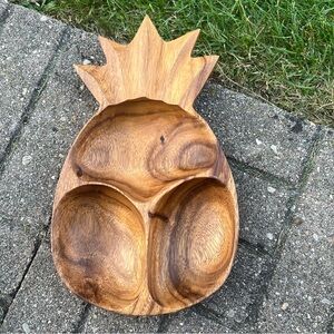 Vintage Hawaiian Tiki Monkey Pod Pineapple 12x7 Divided Serving Bowl